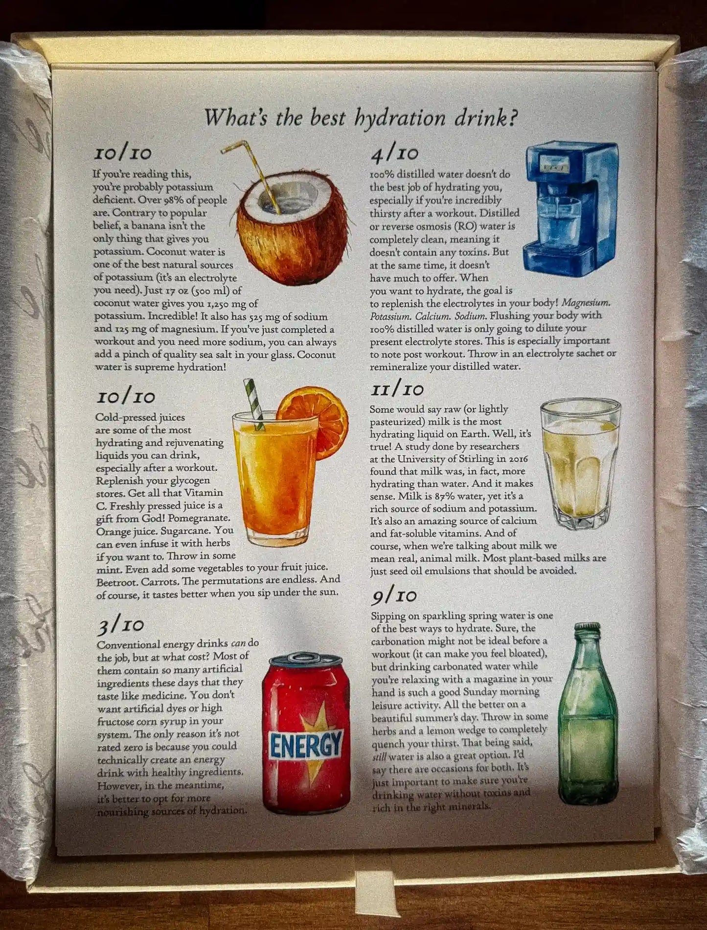 Illustrated comparison of hydration drinks with text and images on a book page