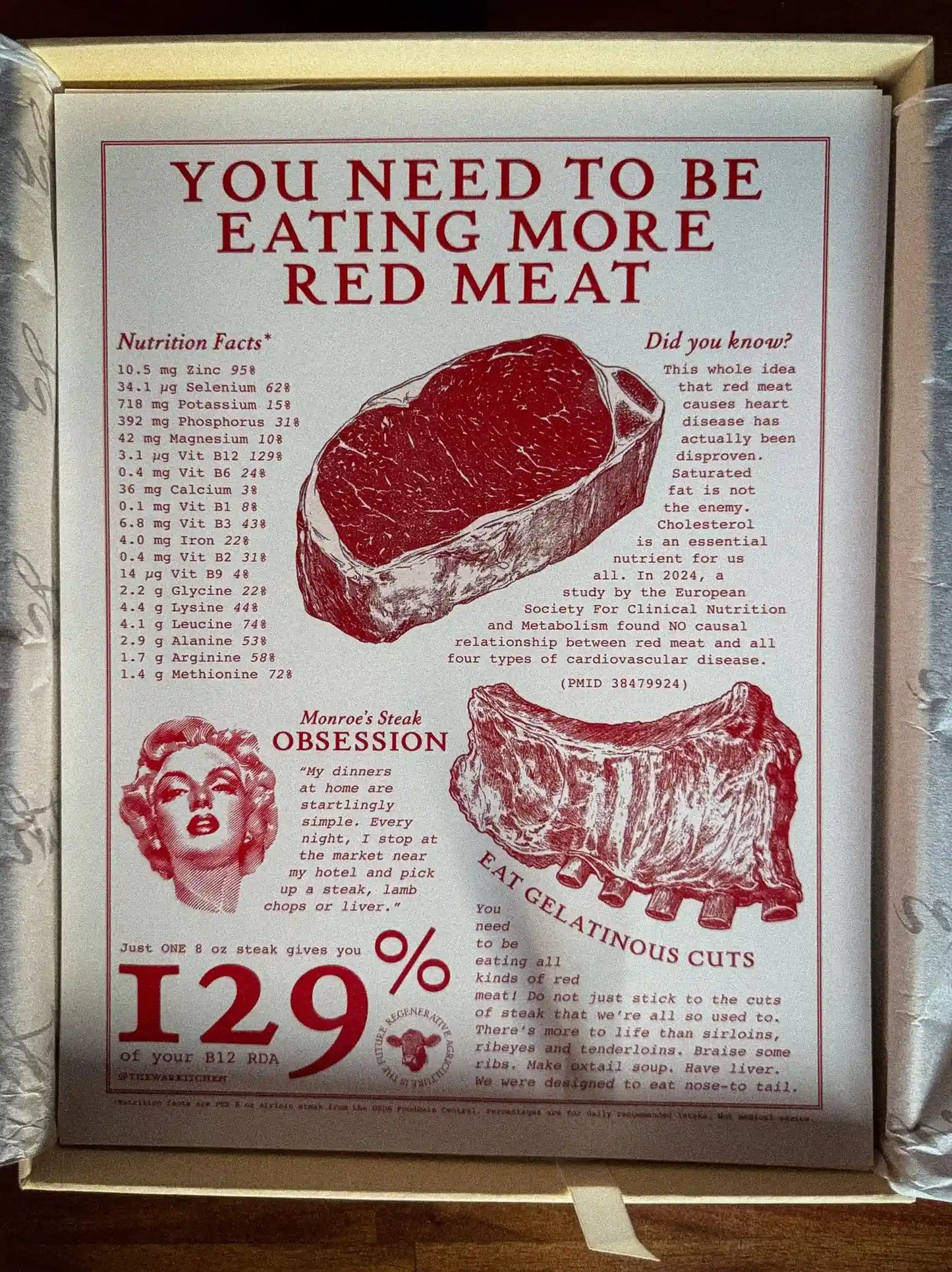 Poster with red meat graphics and text on a white background